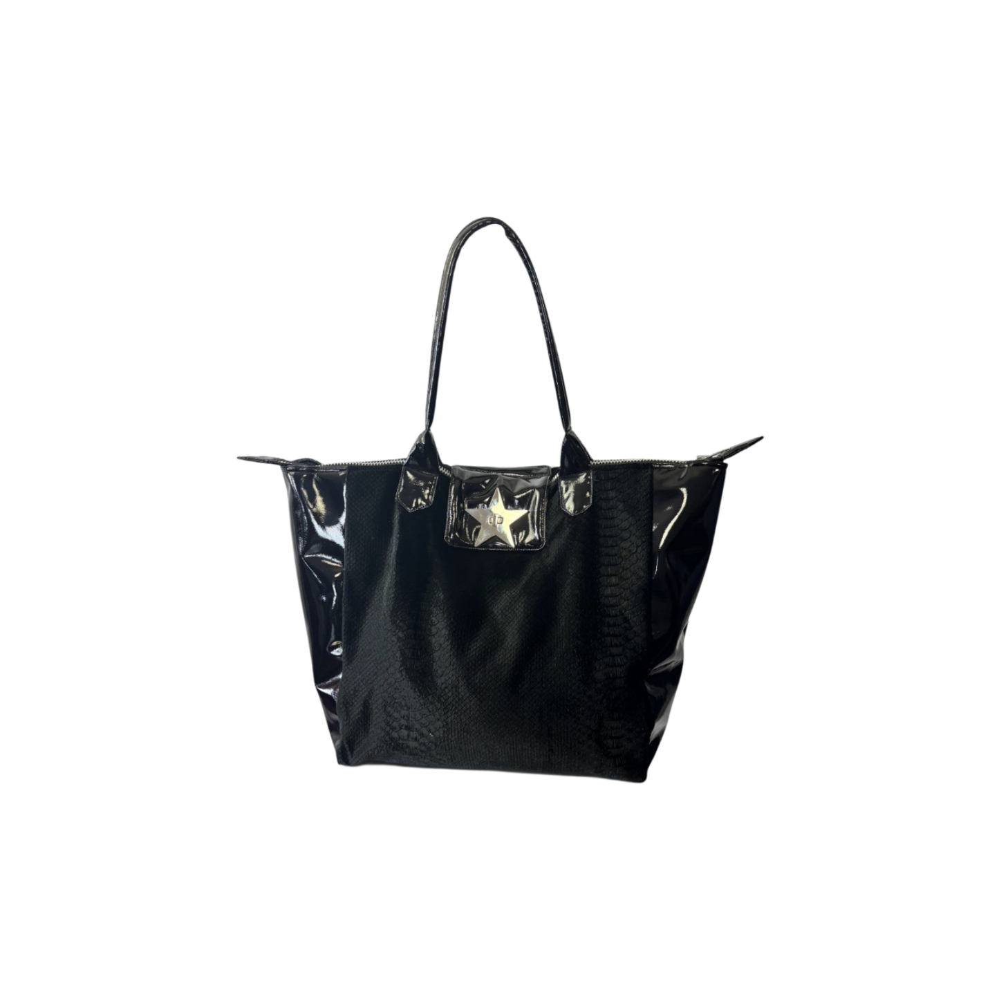 A black crocodile velvet bag with glossy patent leather side panels, and a prominent silver star-shaped metal clasp on the front