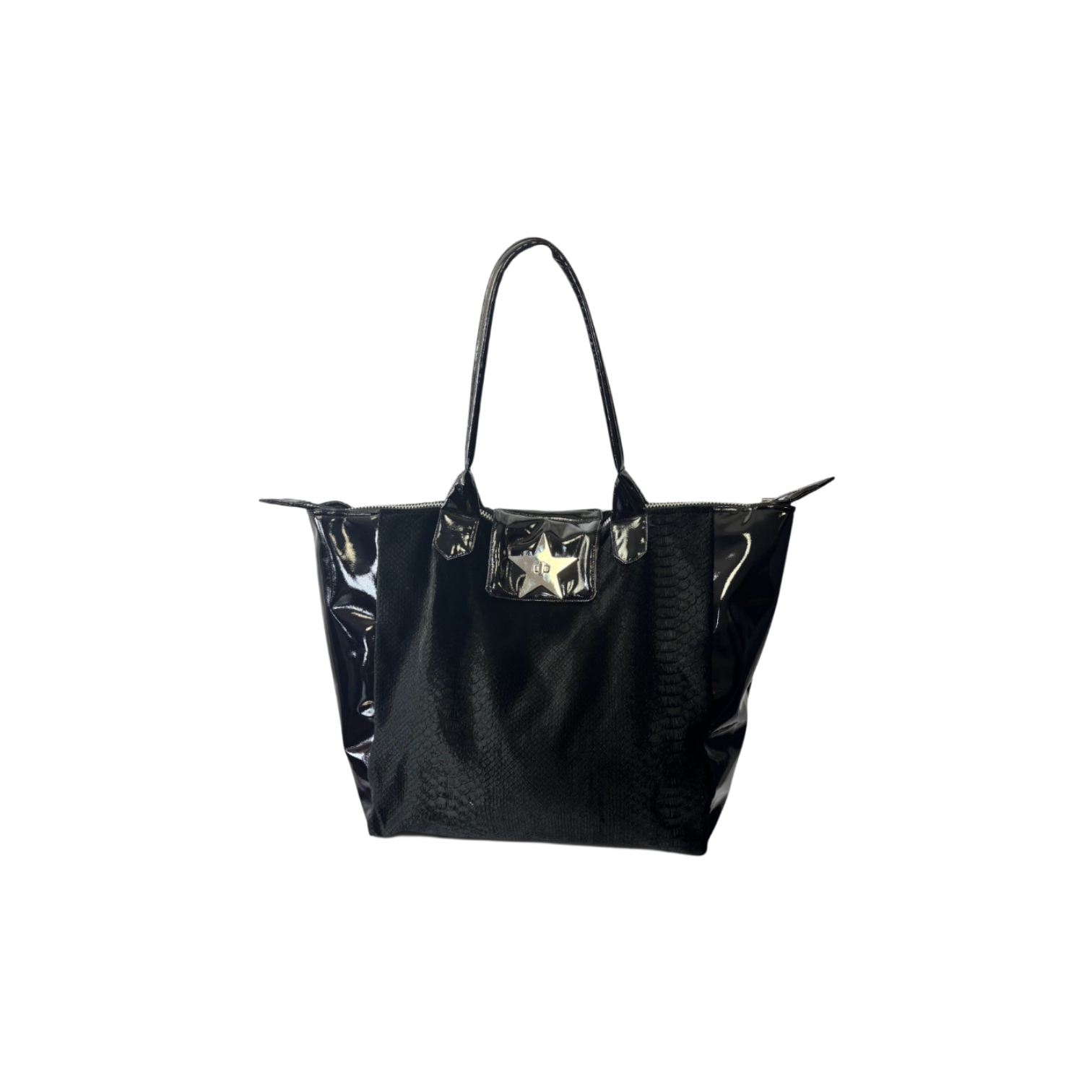 A black crocodile velvet bag with glossy patent leather side panels, and a prominent silver star-shaped metal clasp on the front