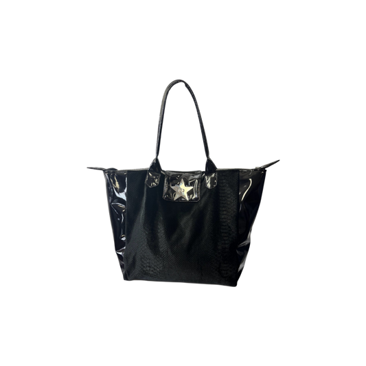 A black crocodile velvet bag with glossy patent leather side panels, and a prominent silver star-shaped metal clasp on the front