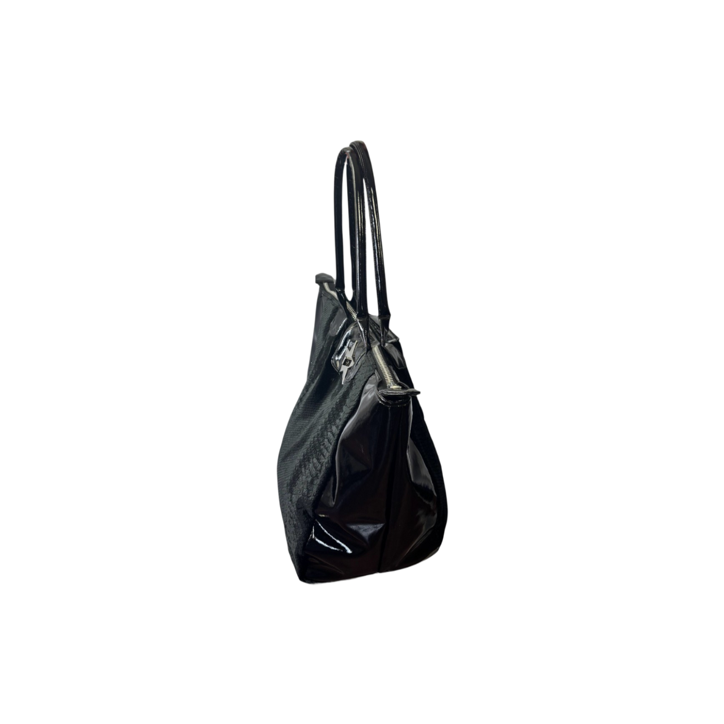 A black crocodile velvet bag with glossy patent leather side panels, and a prominent silver star-shaped metal clasp on the front