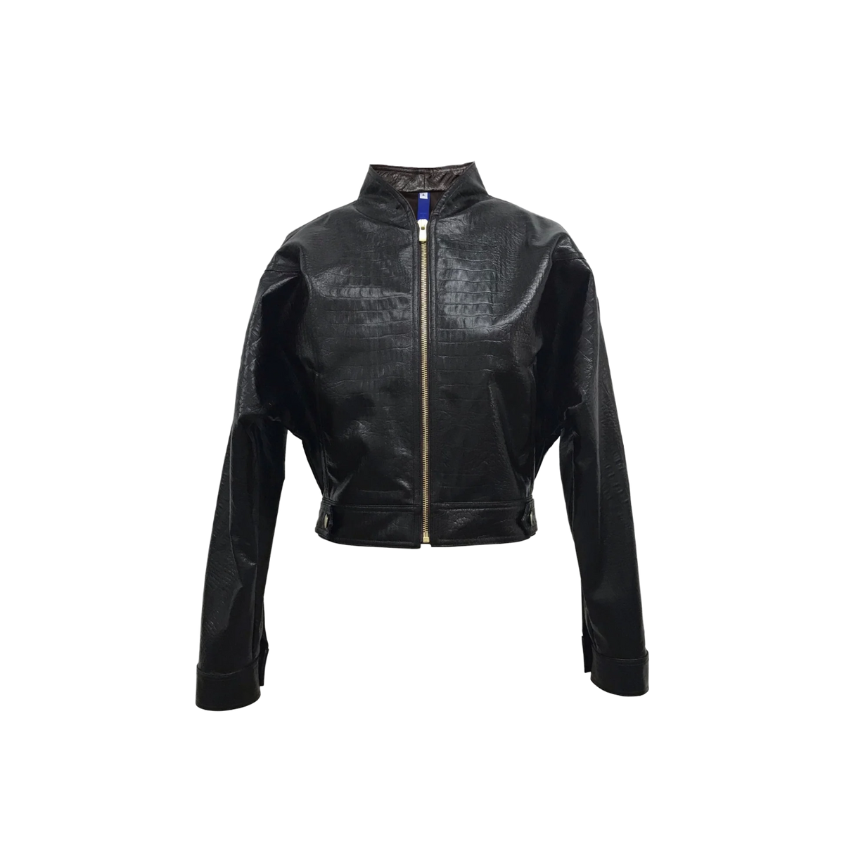 A black faux-leather cropped jacket with a textured crocodile pattern, featuring a gold-tone front zipper, stand-up collar, and ribbed cuffs