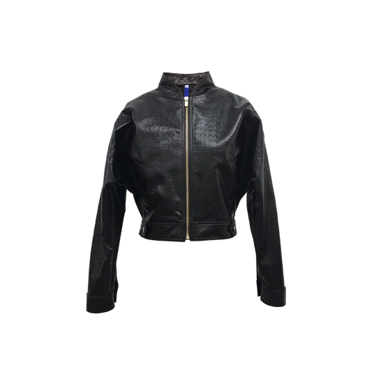 A black faux-leather cropped jacket with a textured crocodile pattern, featuring a gold-tone front zipper, stand-up collar, and ribbed cuffs