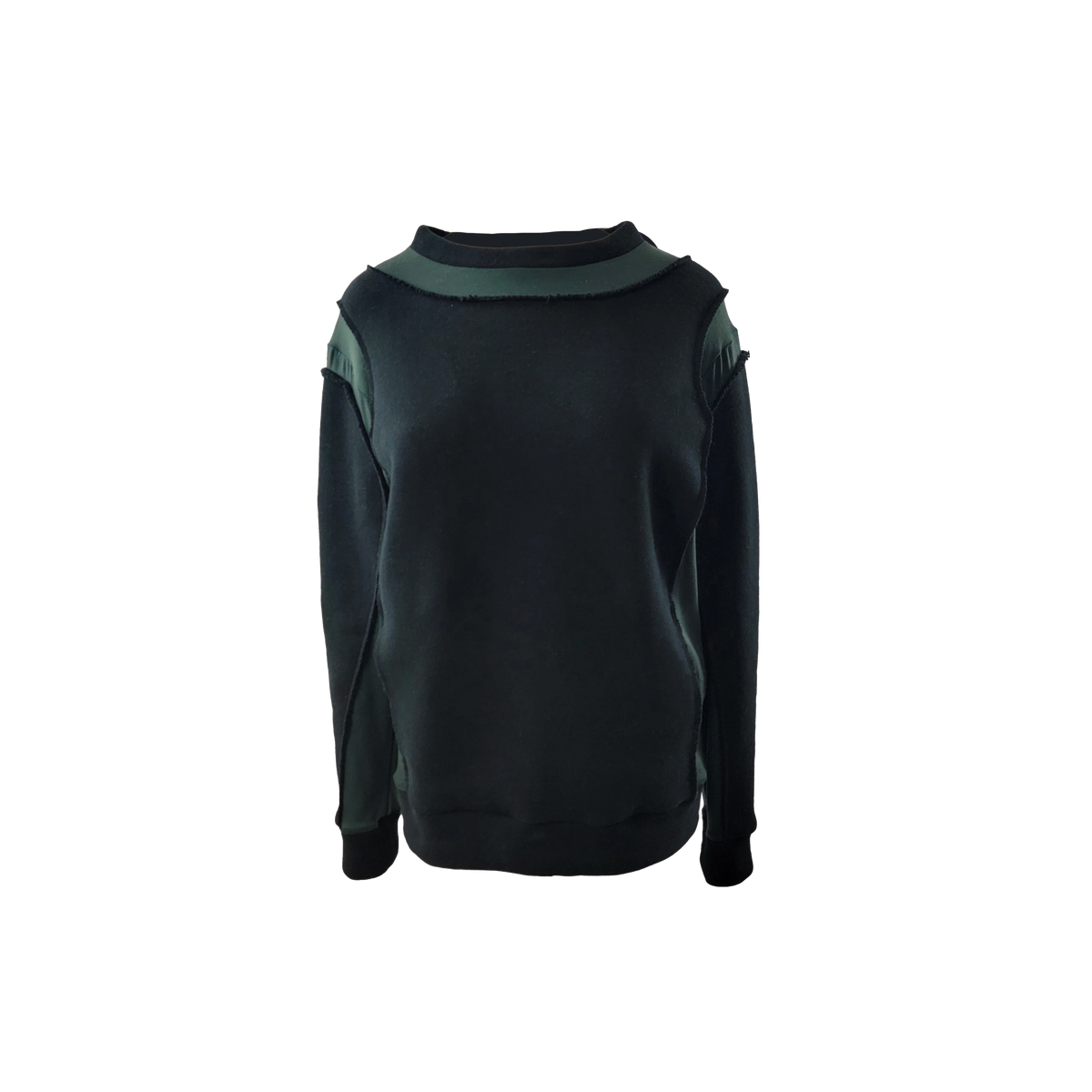 A dark green crewneck sweatshirt with contrasting dark green shoulder panels and ribbed cuffs