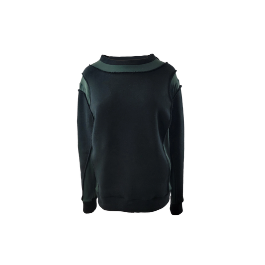 A dark green crewneck sweatshirt with contrasting dark green shoulder panels and ribbed cuffs