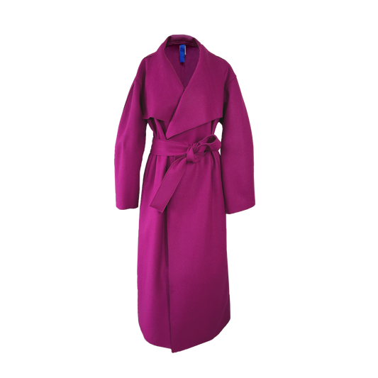Purple coat with wide lapels and a self-tie belt.