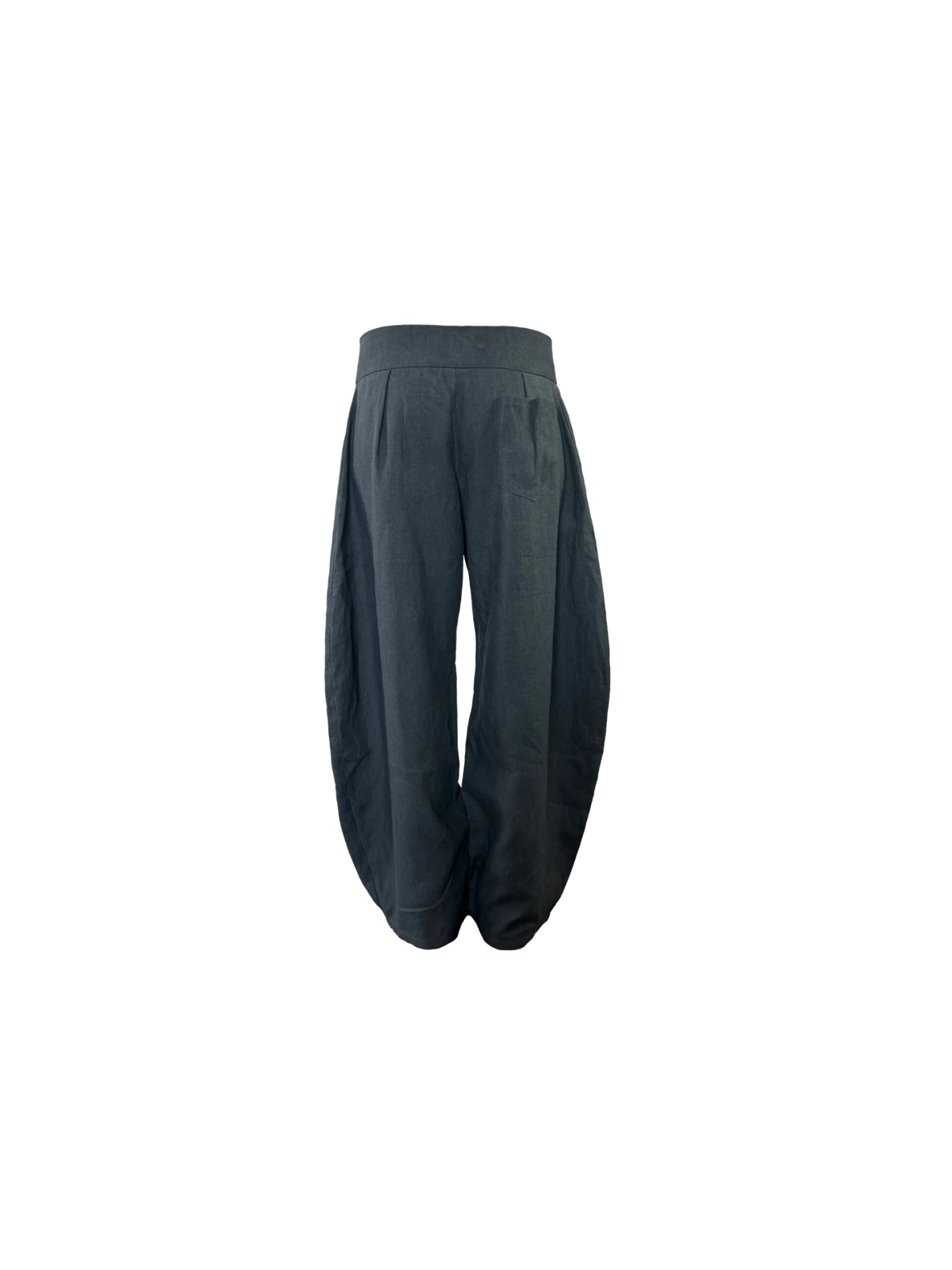 A pair of gray wide-leg trousers with a pleated front and gathered cuffs
