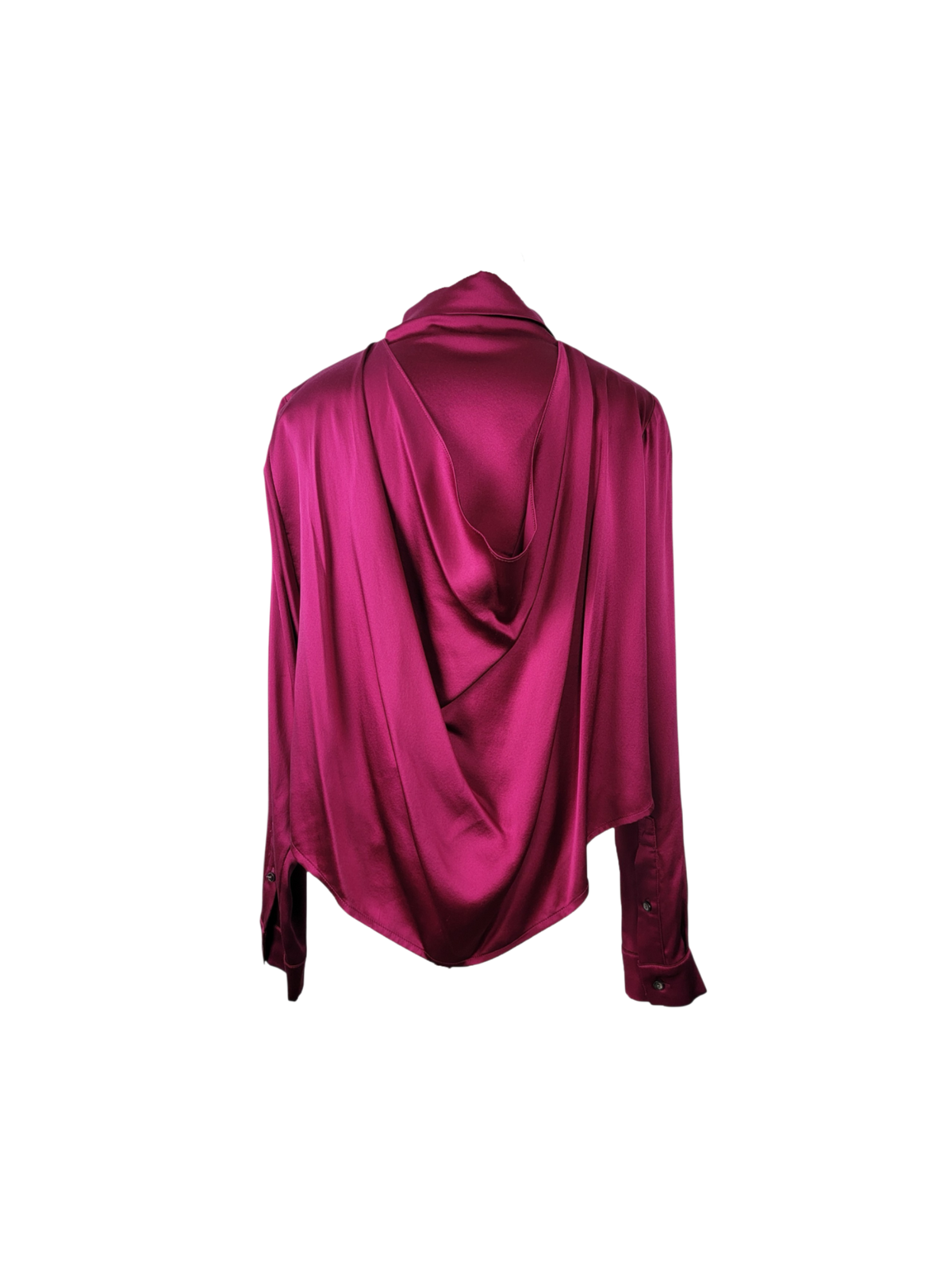 A magenta satin long-sleeve blouse with a draped, asymmetrical cowl neckline, shown from the back
