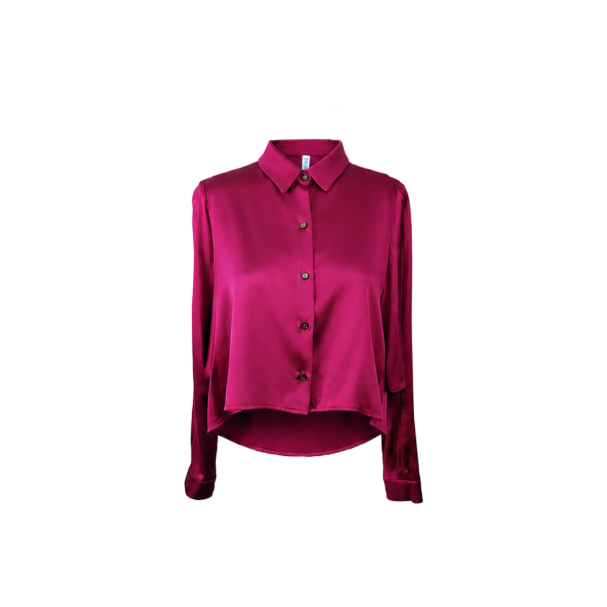 A long-sleeve satin blouse in a rich fuchsia color, featuring a classic pointed collar, button-down front, and a distinctive asymmetrical draped hem