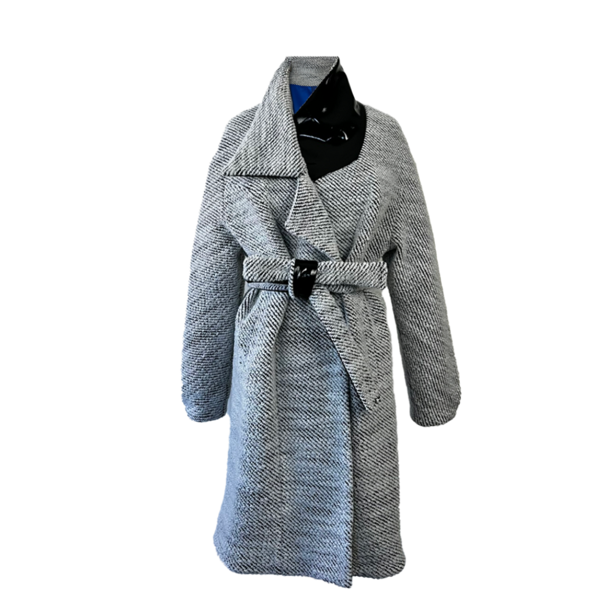 A gray and white patterned coat with a matching belt and black buckle