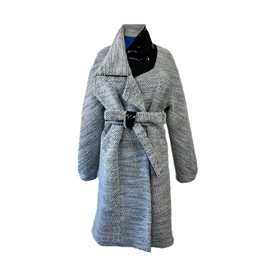 A gray and white patterned coat with a matching belt and black buckle
