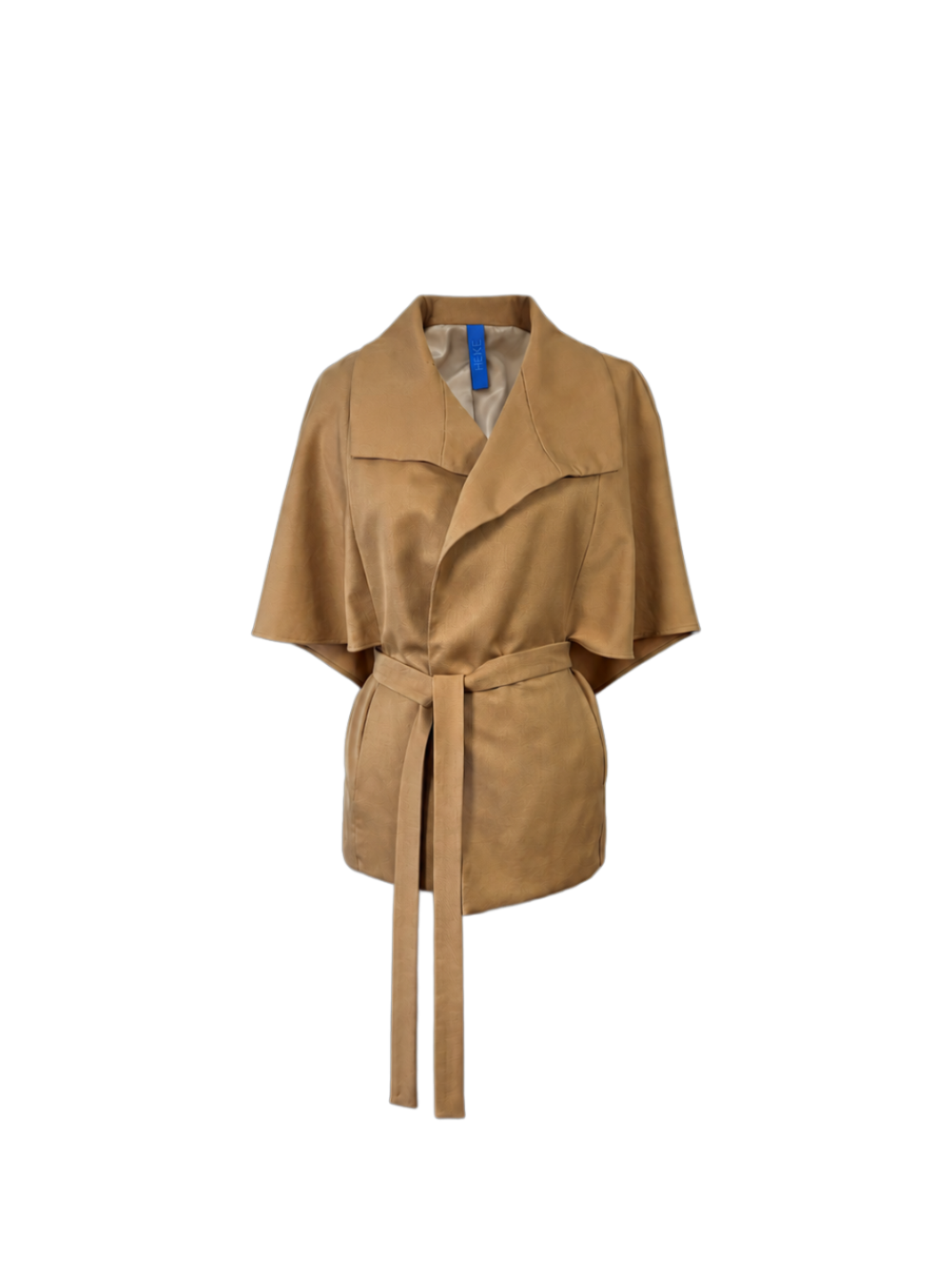 A camel short-sleeve wrap jacket with wide lapels and a matching tie belt