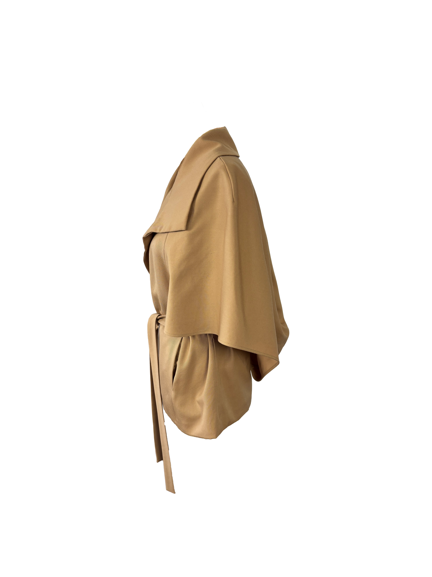 A camel short-sleeve wrap jacket with wide lapels and a matching tie belt