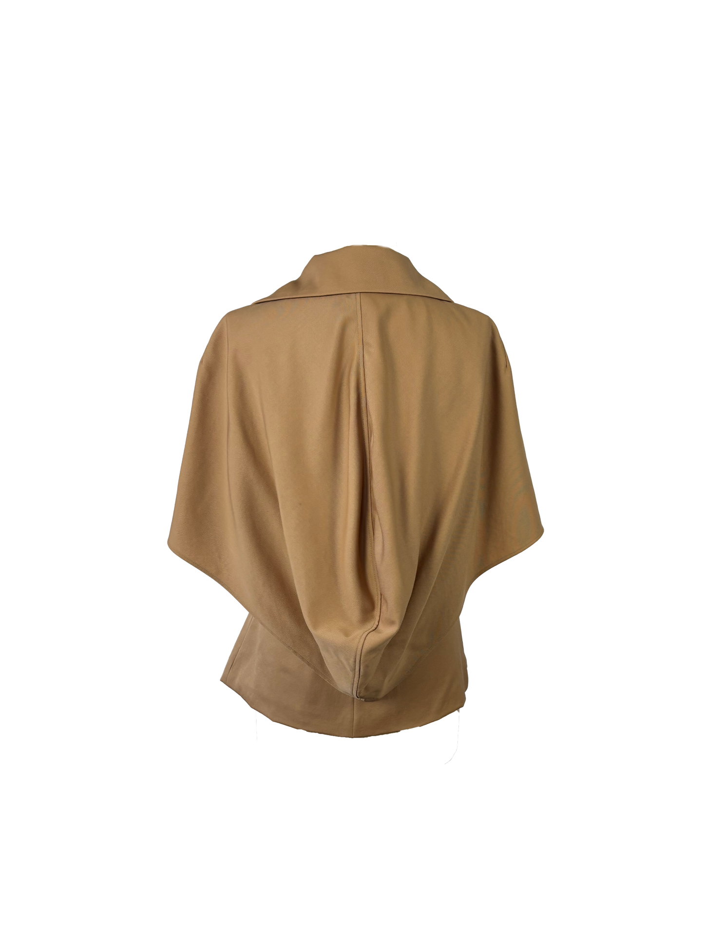 A camel short-sleeve wrap jacket with wide lapels and a matching tie belt