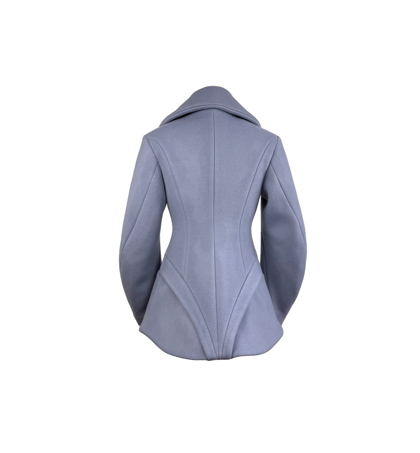 A light periwinkle blue tailored coat with wide lapels, barrel sleeves, and structured shoulders