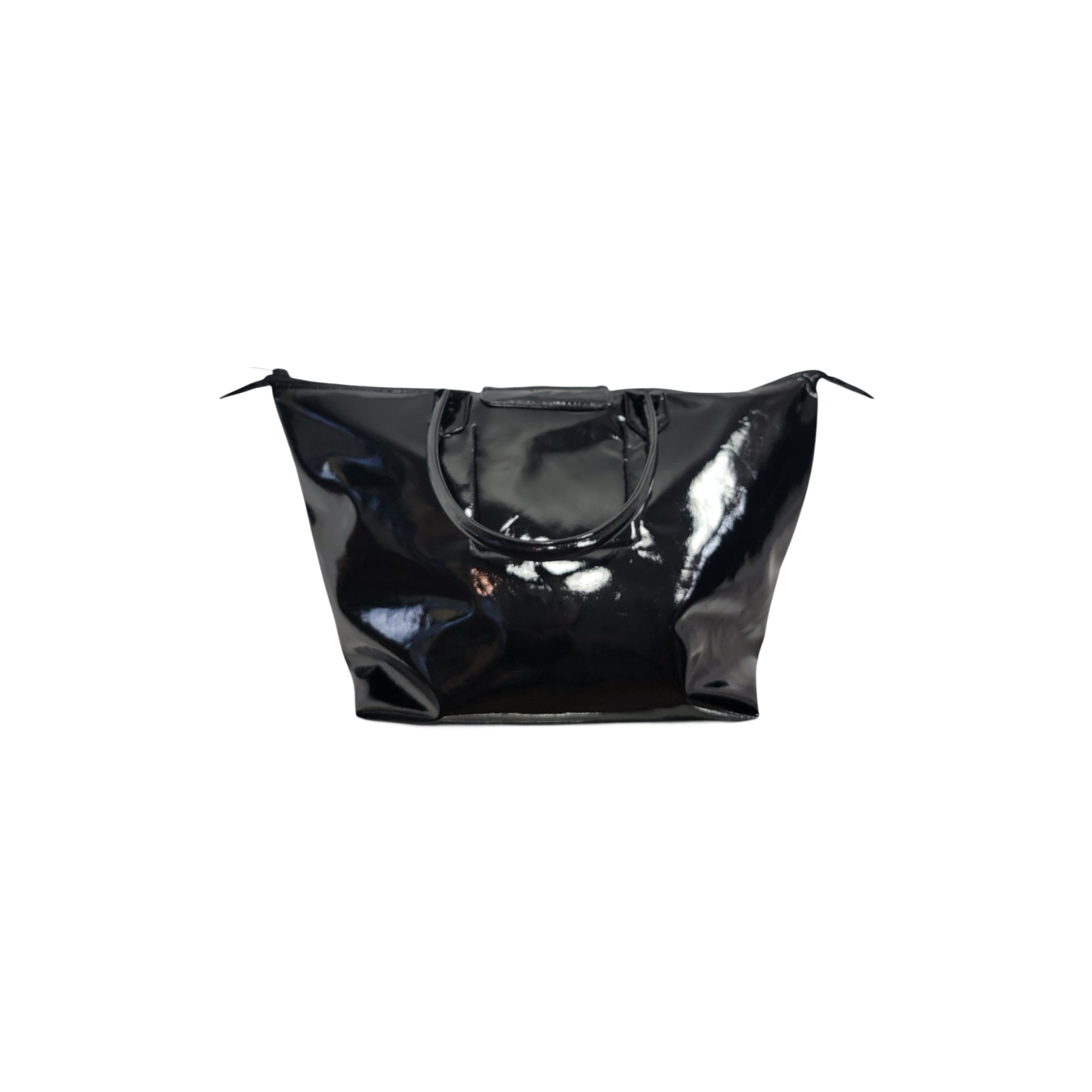 A shiny black patent leather tote bag with a central silver star emblem