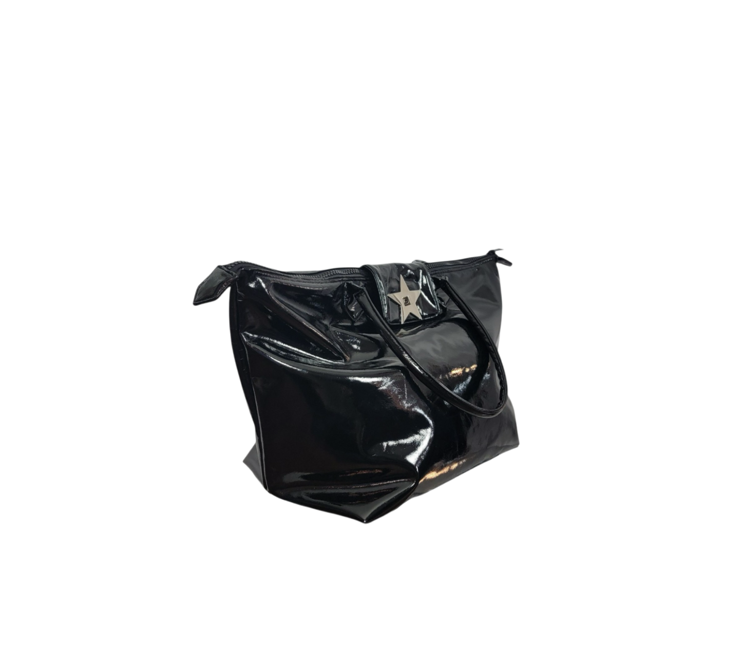 A shiny black patent leather tote bag with a central silver star emblem