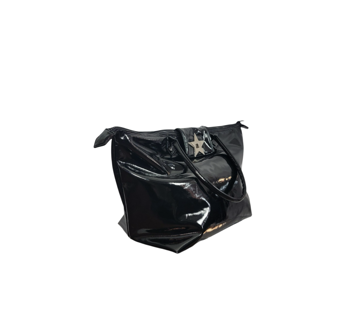 A shiny black patent leather tote bag with a central silver star emblem
