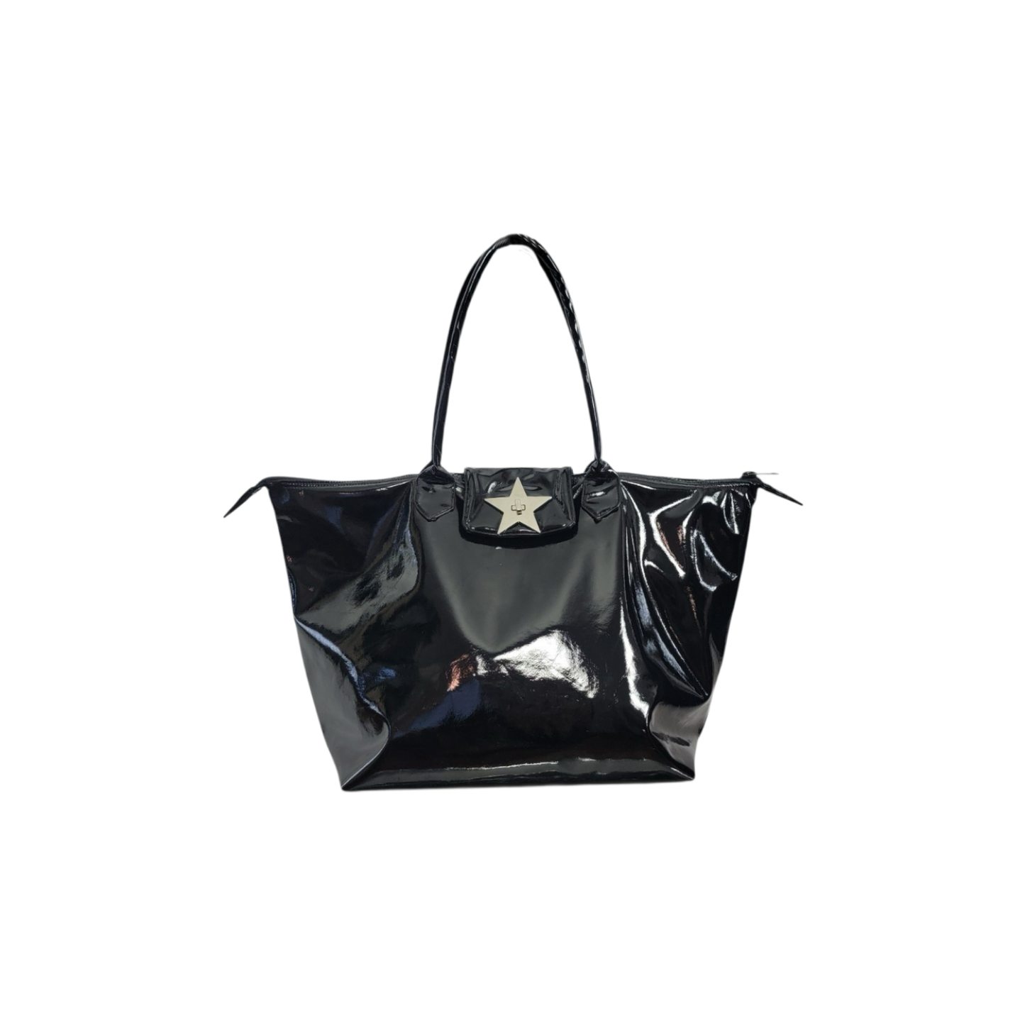A shiny black patent leather tote bag with a central silver star emblem