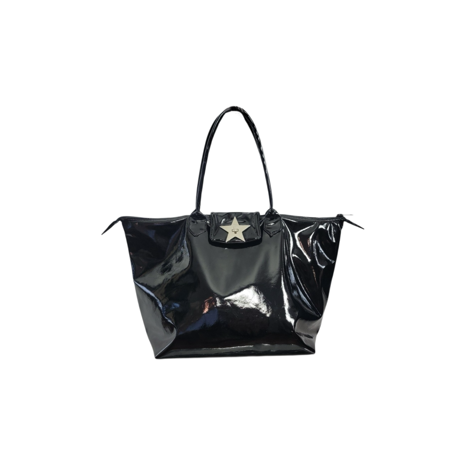 A shiny black patent leather tote bag with a central silver star emblem