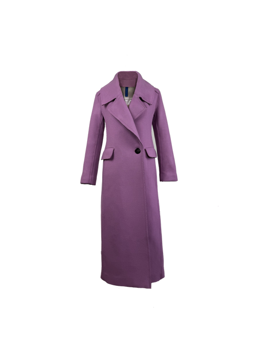 A long, lilac coat featuring statement lapels and gorgeous side pocket flaps
