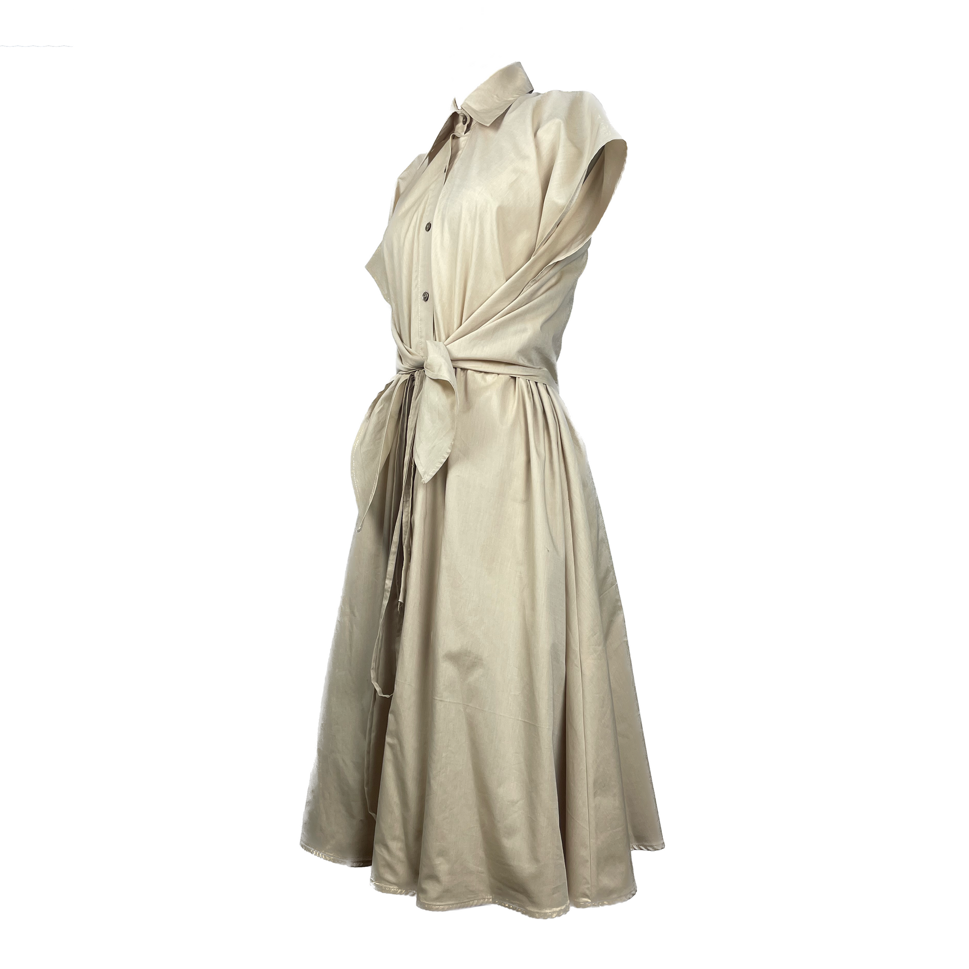 Side of cotton soft sage dress with button detailing and adjustable waist