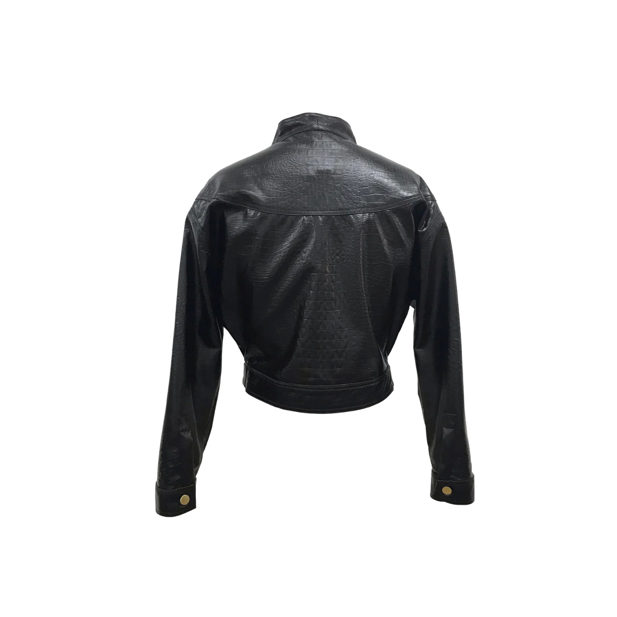 A black faux-leather cropped jacket with a textured crocodile pattern, featuring a gold-tone front zipper, stand-up collar, and ribbed cuffs