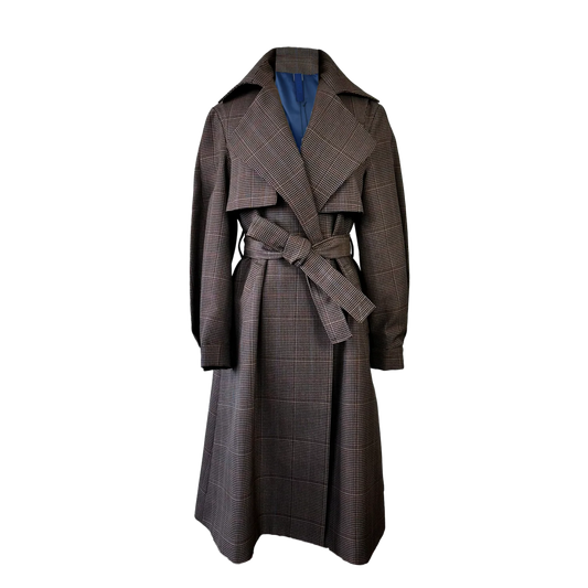 A long brown plaid coat with a matching waist tie belt | HEIKE-NY
