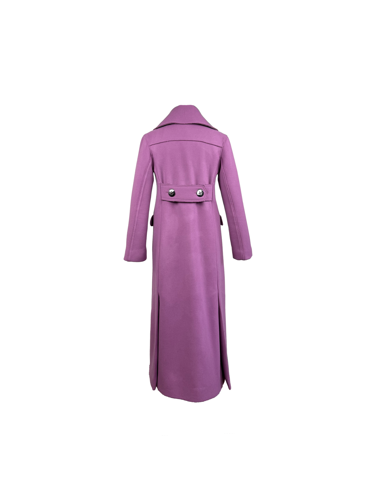 A long lilac trench coat shown from the back, featuring a collar, long sleeves, and a waist belt back detailing 