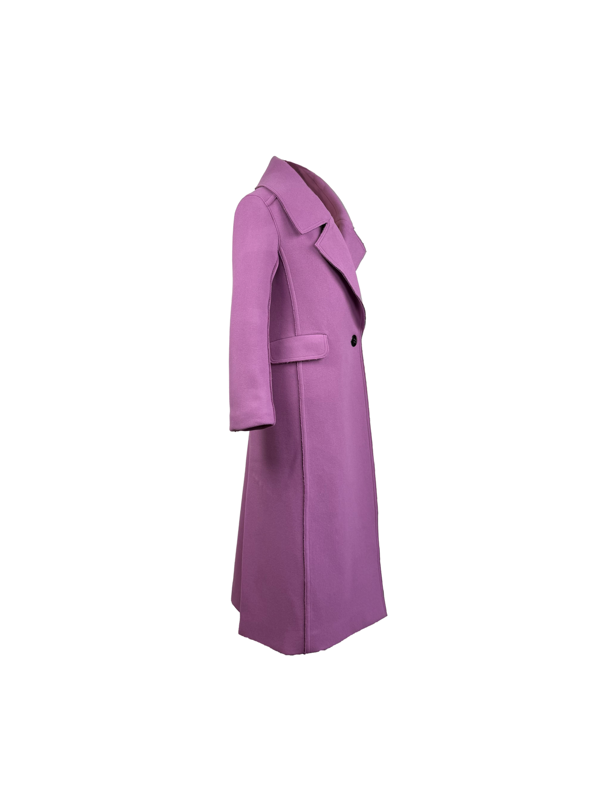 A long, lilac coat featuring statement lapels and gorgeous side pocket flaps