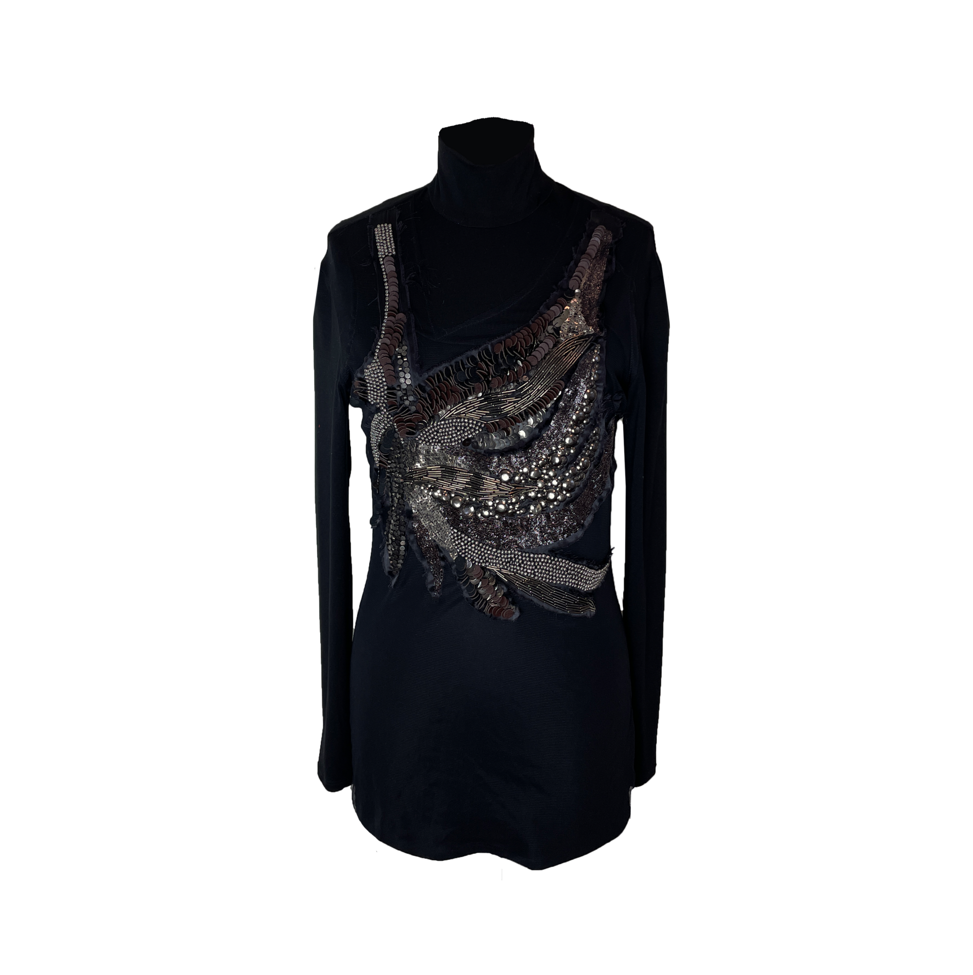 Black leather and metallic embroidered top