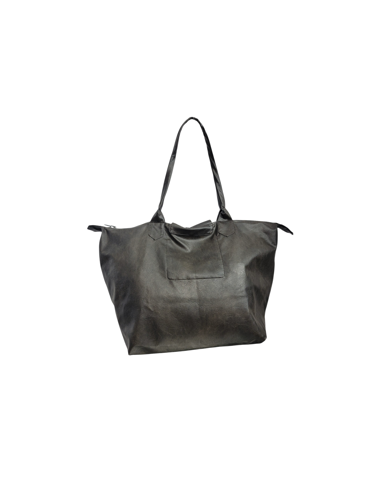 A black vegan leather tote bag with a silver star-shaped metal clasp on the front