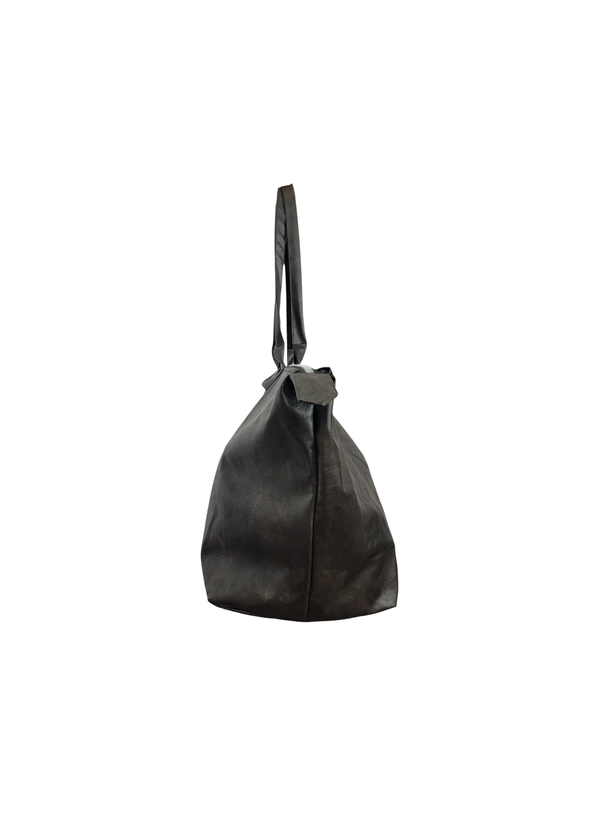 A black vegan leather tote bag with a silver star-shaped metal clasp on the front