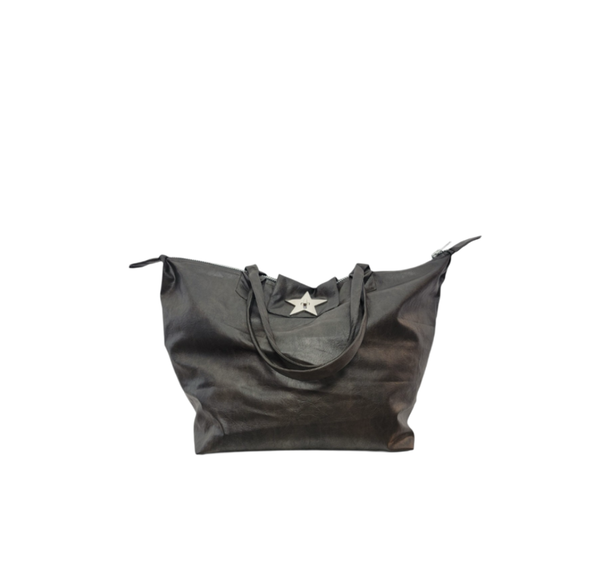 A black vegan leather tote bag with a silver star-shaped metal clasp on the front