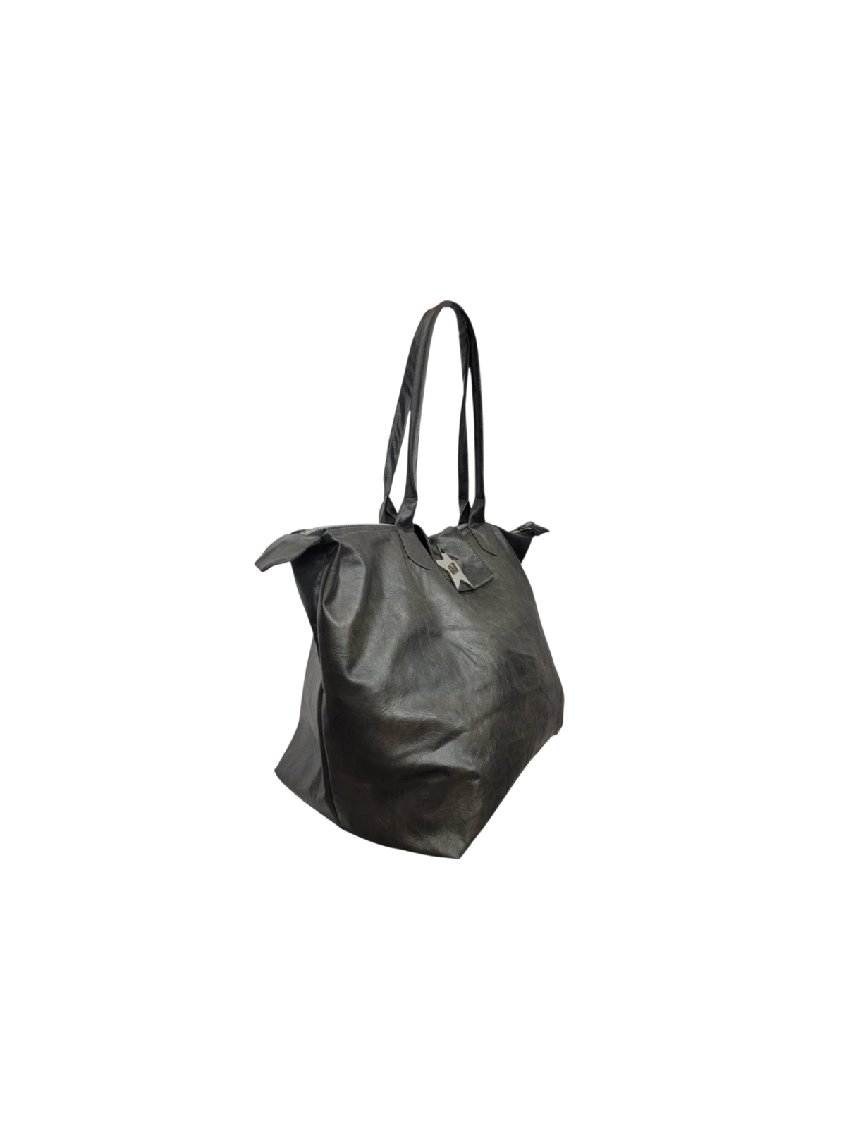 A black vegan leather tote bag with a silver star-shaped metal clasp on the front