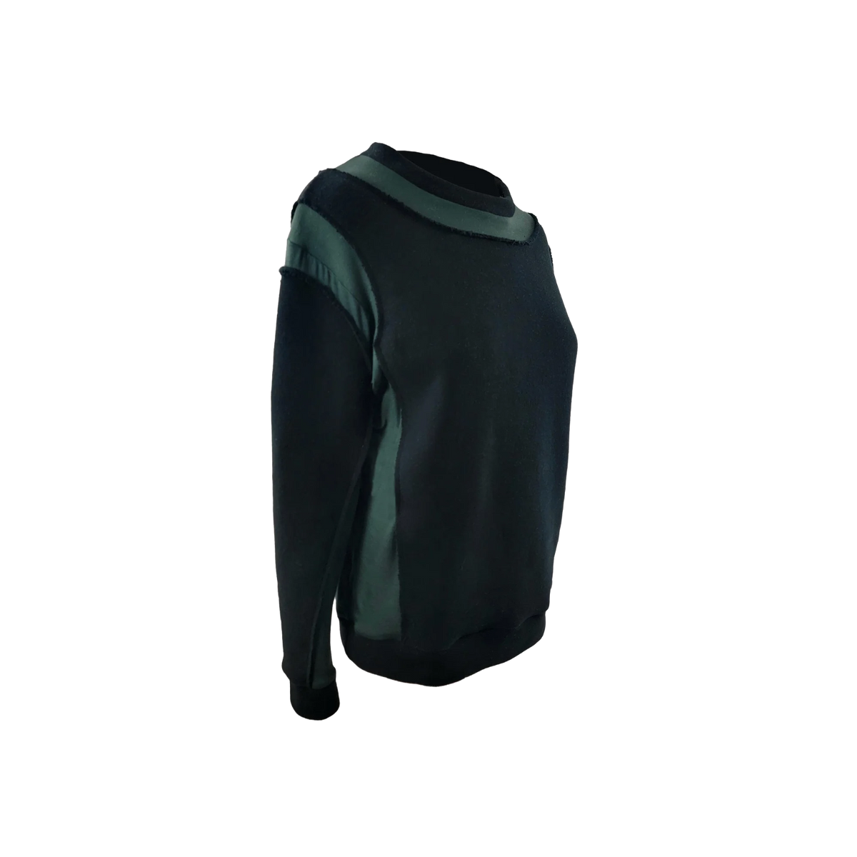 A dark green crewneck sweatshirt with contrasting dark green shoulder panels and ribbed cuffs