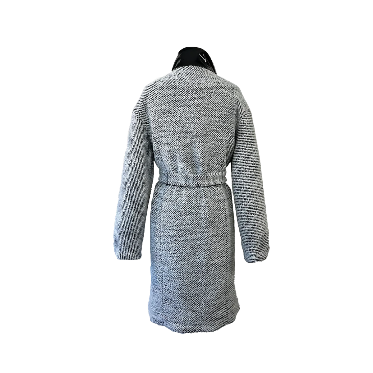 A gray and white patterned coat with a matching belt and black buckle