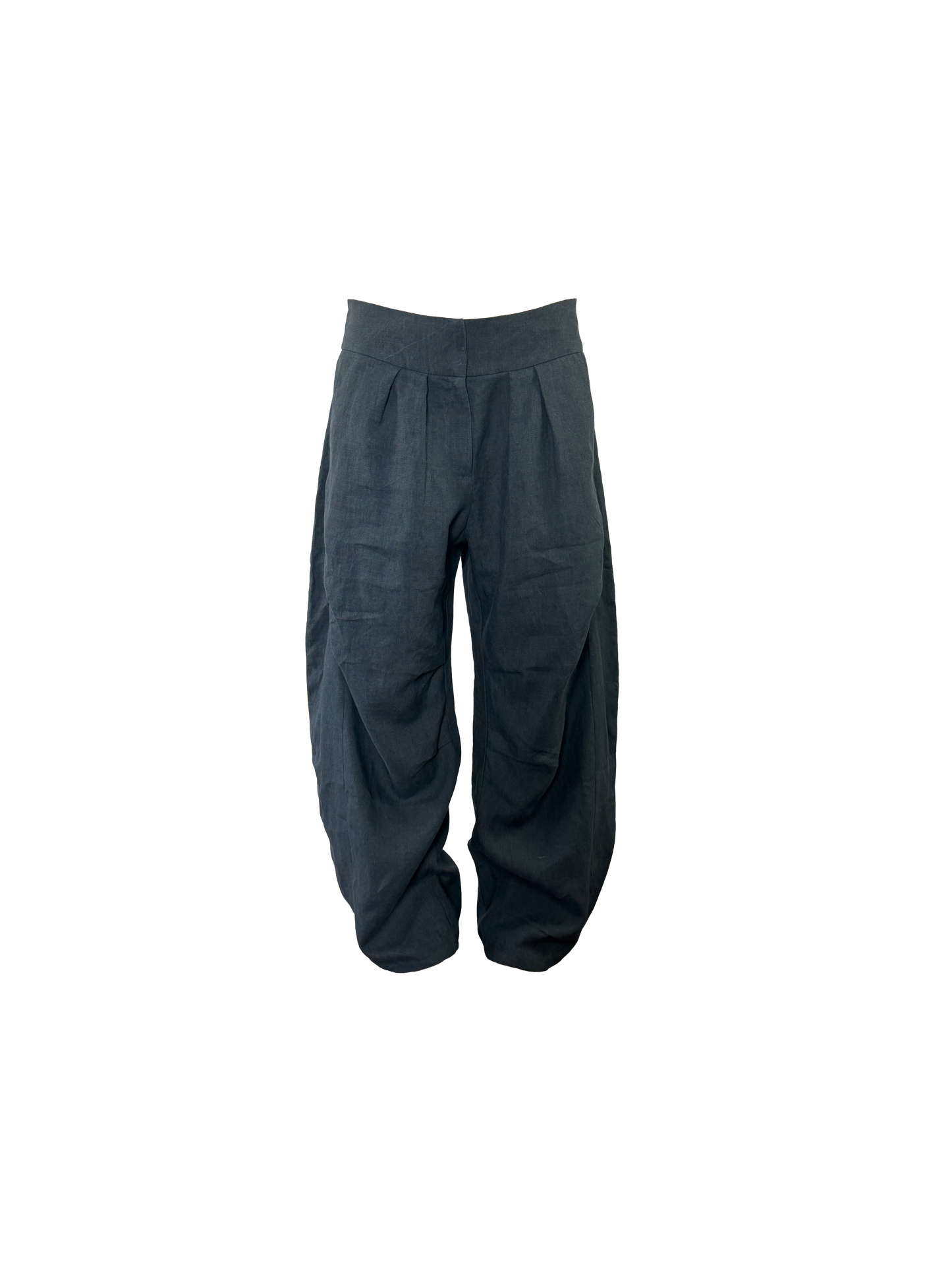 A pair of gray wide-leg trousers with a pleated front and gathered cuffs