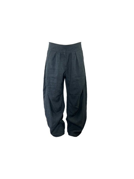 A pair of gray wide-leg trousers with a pleated front and gathered cuffs
