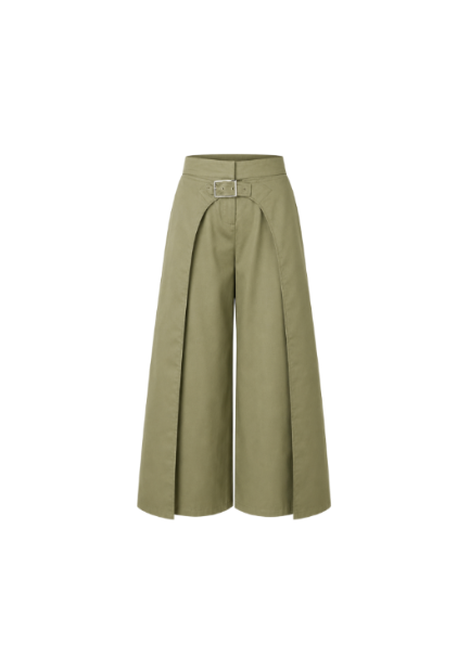 A pair of high-waisted, wide-leg cropped pants in an olive green iridescent fabric, featuring a silver buckle at the waistband.