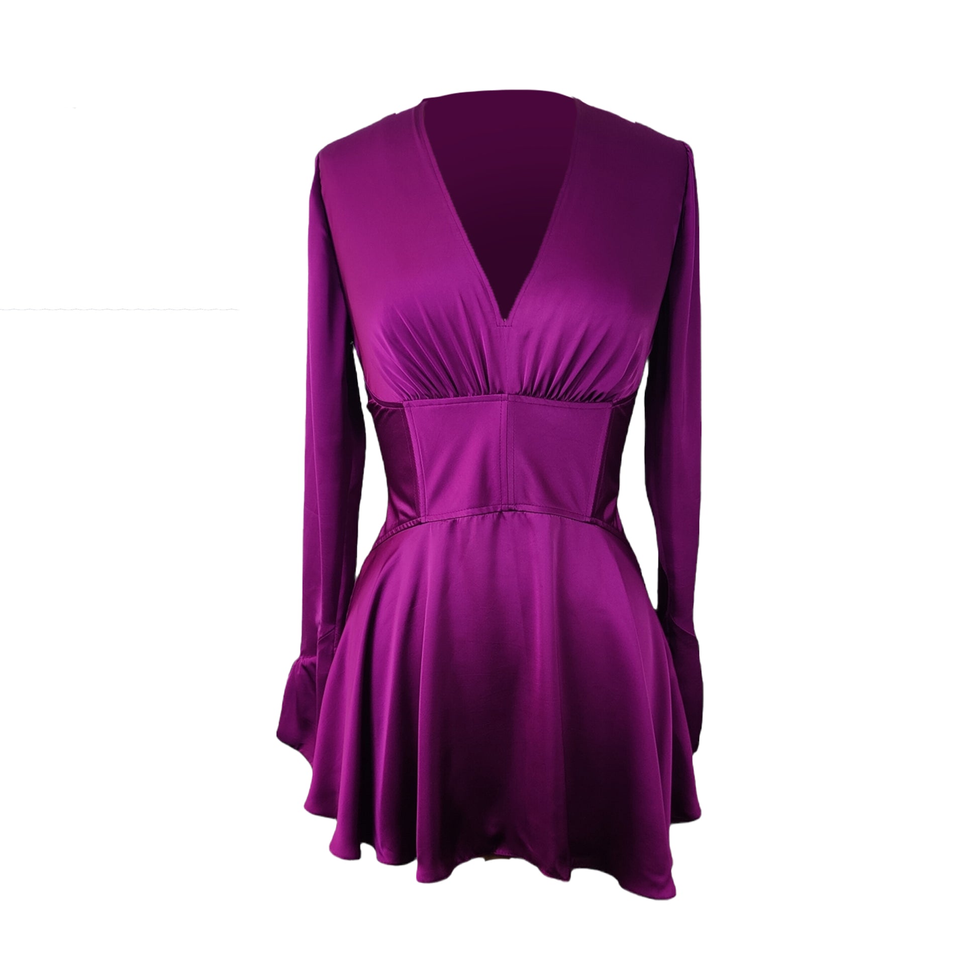 Purple cupro corset blouse and skirt and fringed sleeves