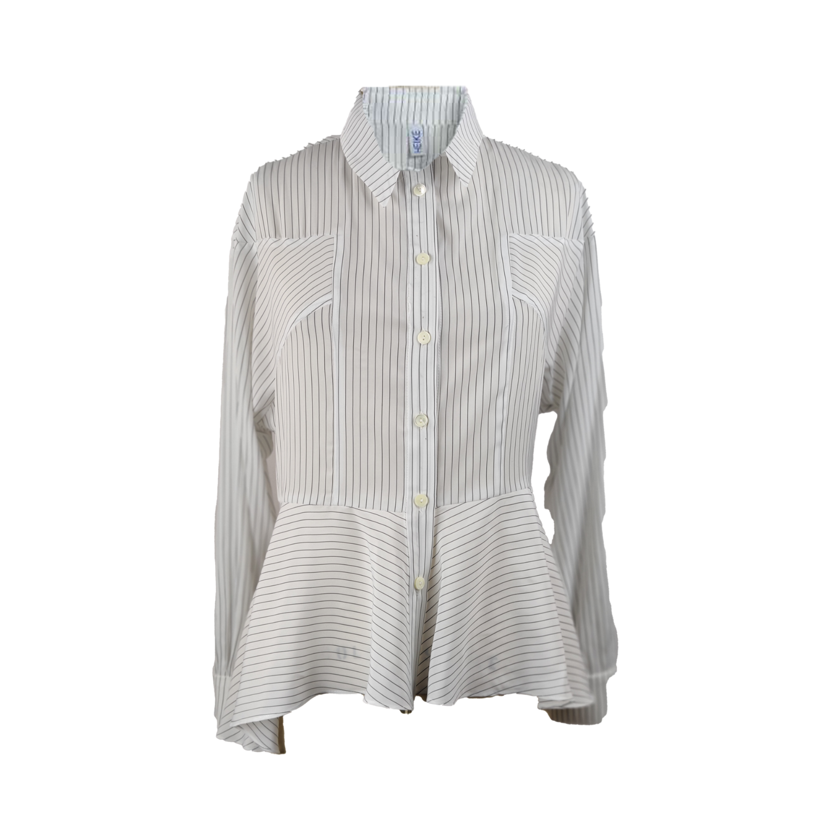 White and black striped cupro blouse, with the pattern and cut made to accentuate the waist