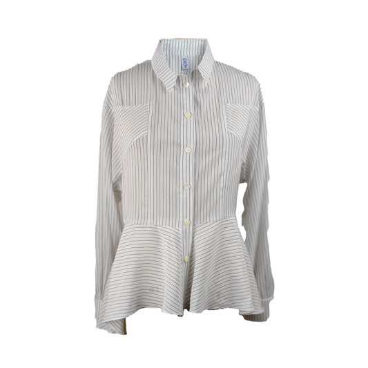White and black striped cupro blouse, with the pattern and cut made to accentuate the waist