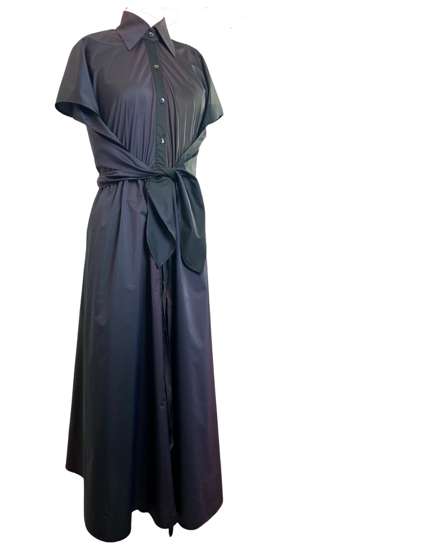 Side of shiny black cupro dress with an adjustable waist and button detailing