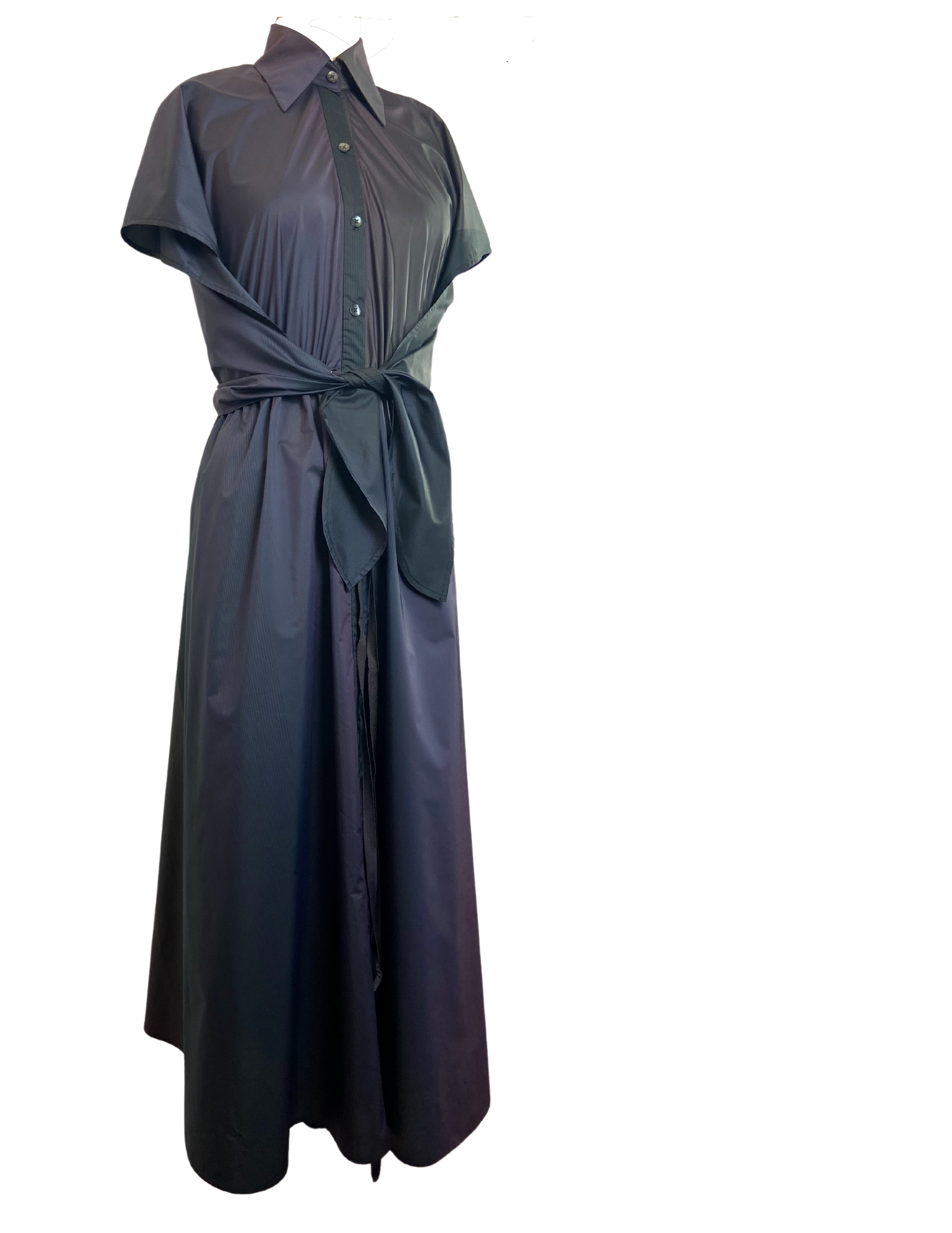 Side of shiny black cupro dress with an adjustable waist and button detailing