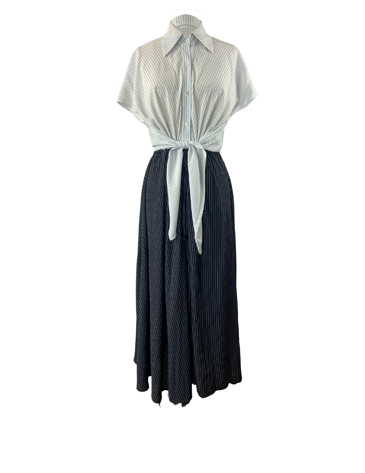 Cupro dress with white pinstripe top and black pinstripe bottom with an adjustable waist