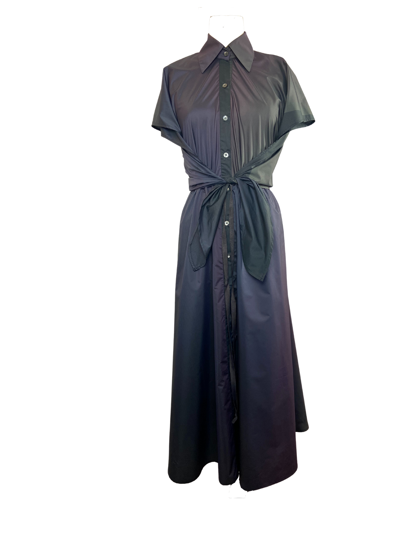Shiny black cupro dress with an adjustable waist and button detailing